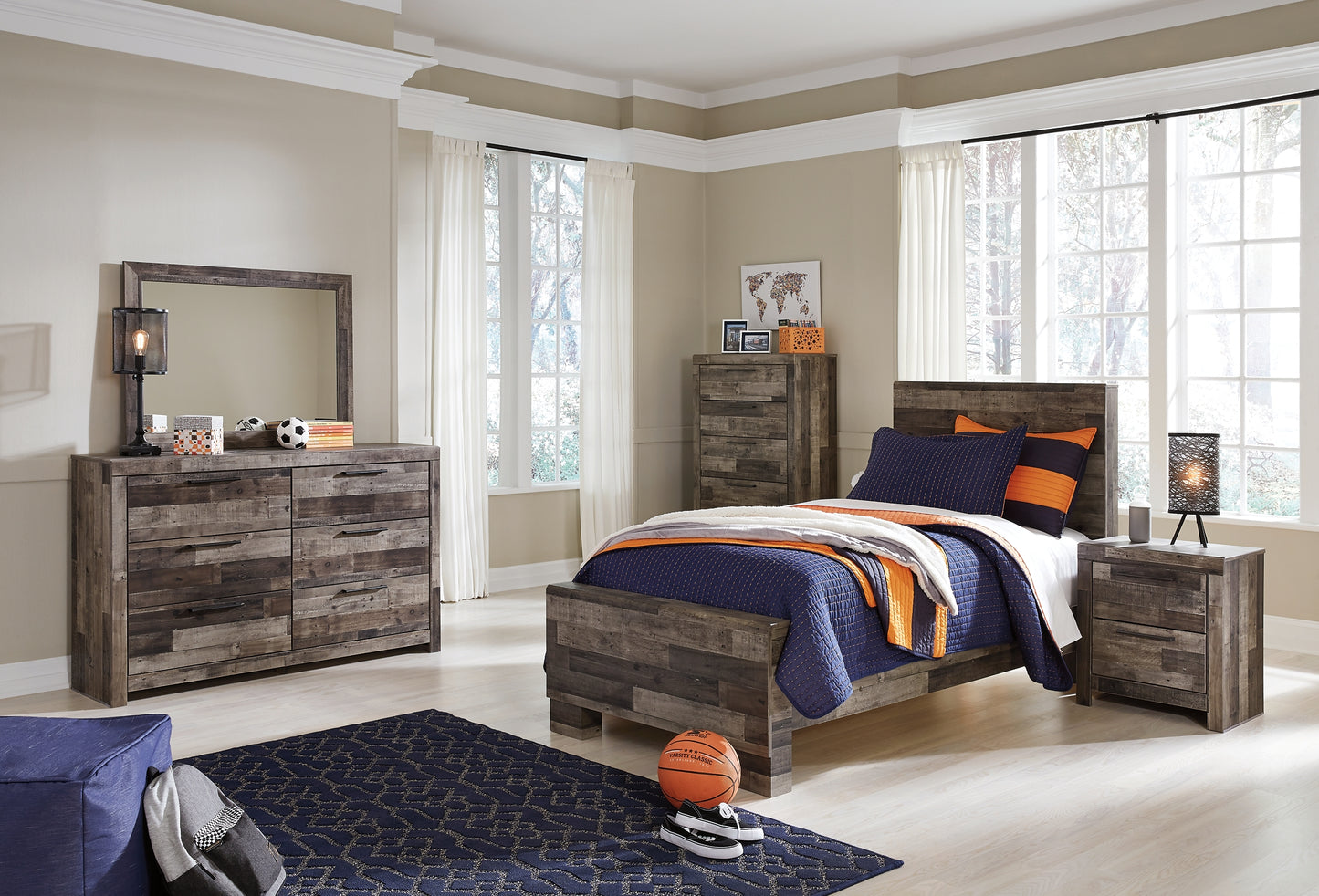Derekson Twin Panel Bed with Mirrored Dresser, Chest and Nightstand