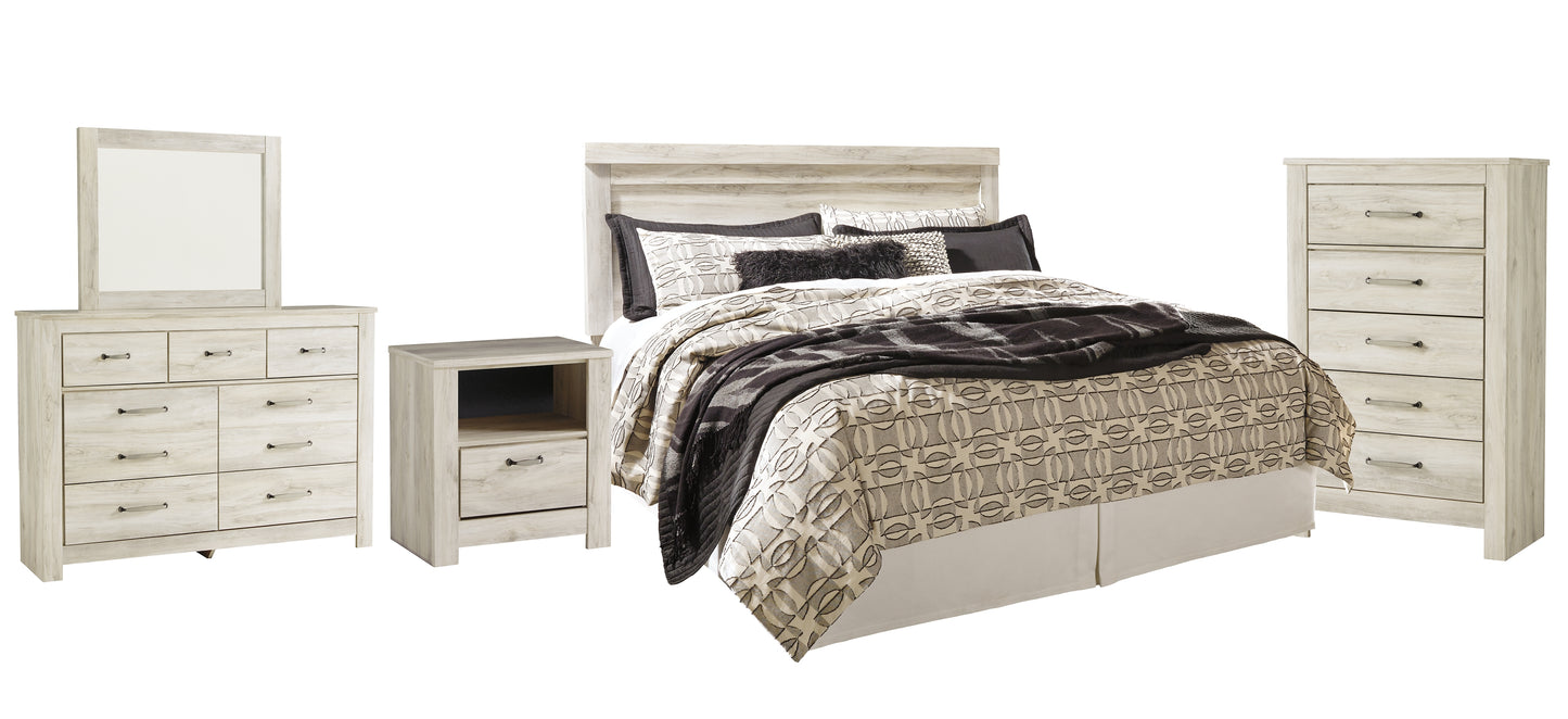 Bellaby Queen Panel Headboard with Mirrored Dresser, Chest and Nightstand