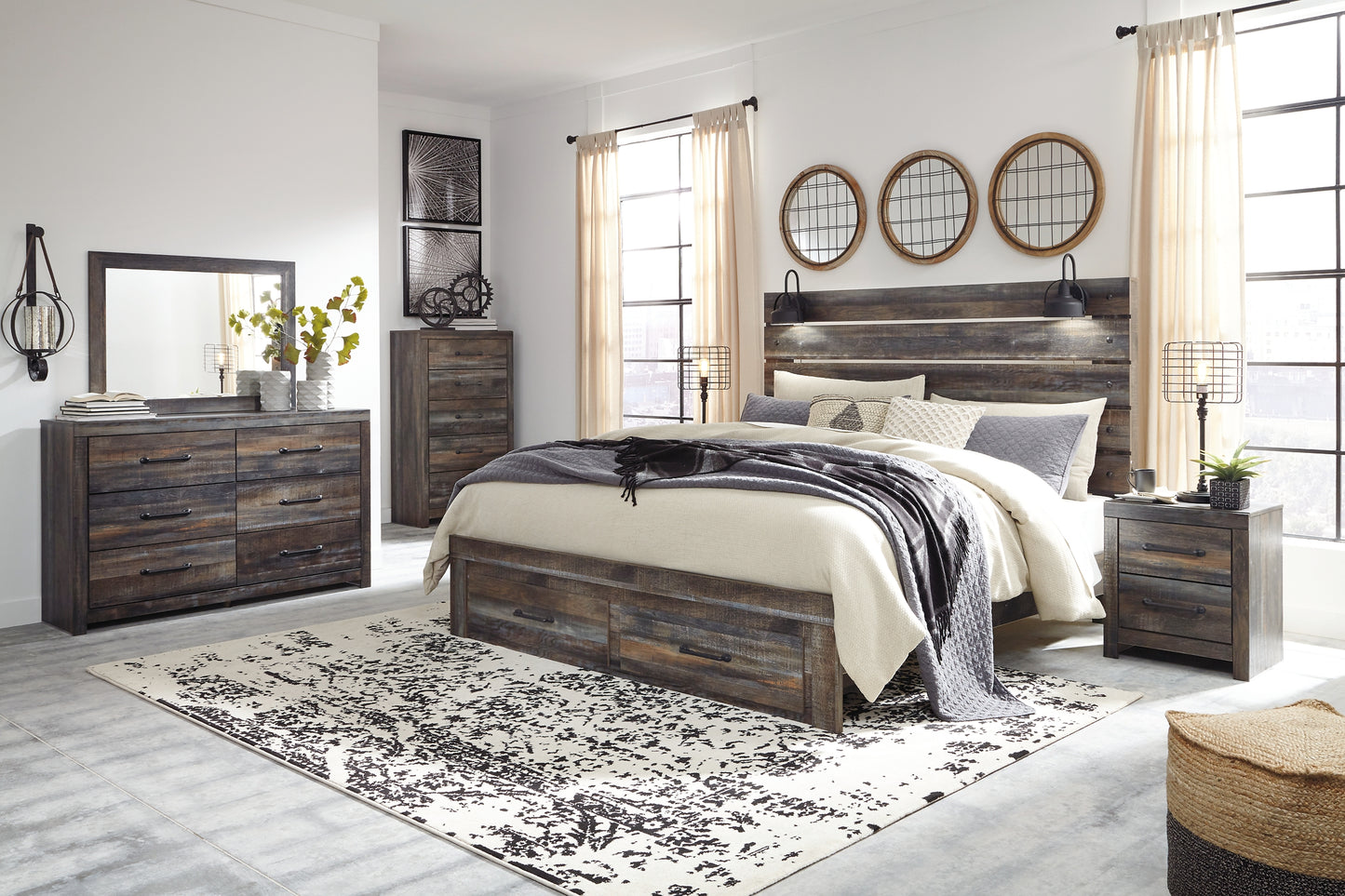 Drystan King Panel Bed with Storage with Mirrored Dresser, Chest and Nightstand