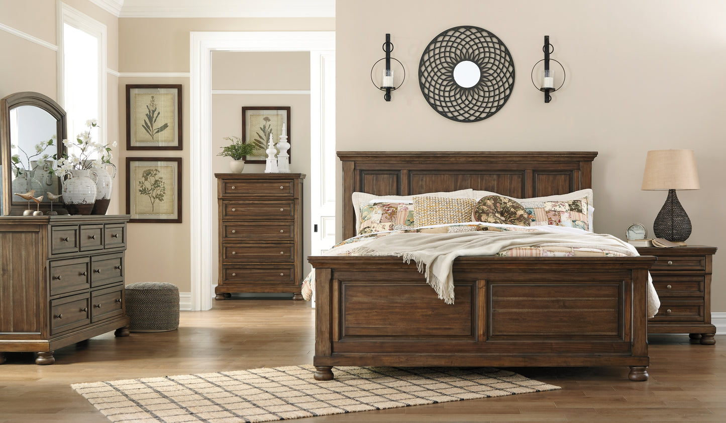Flynnter Queen Panel Bed with Mirrored Dresser, Chest and Nightstand