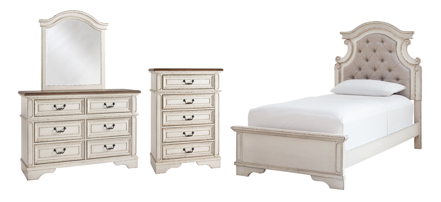 Realyn Twin Panel Bed with Mirrored Dresser and Chest