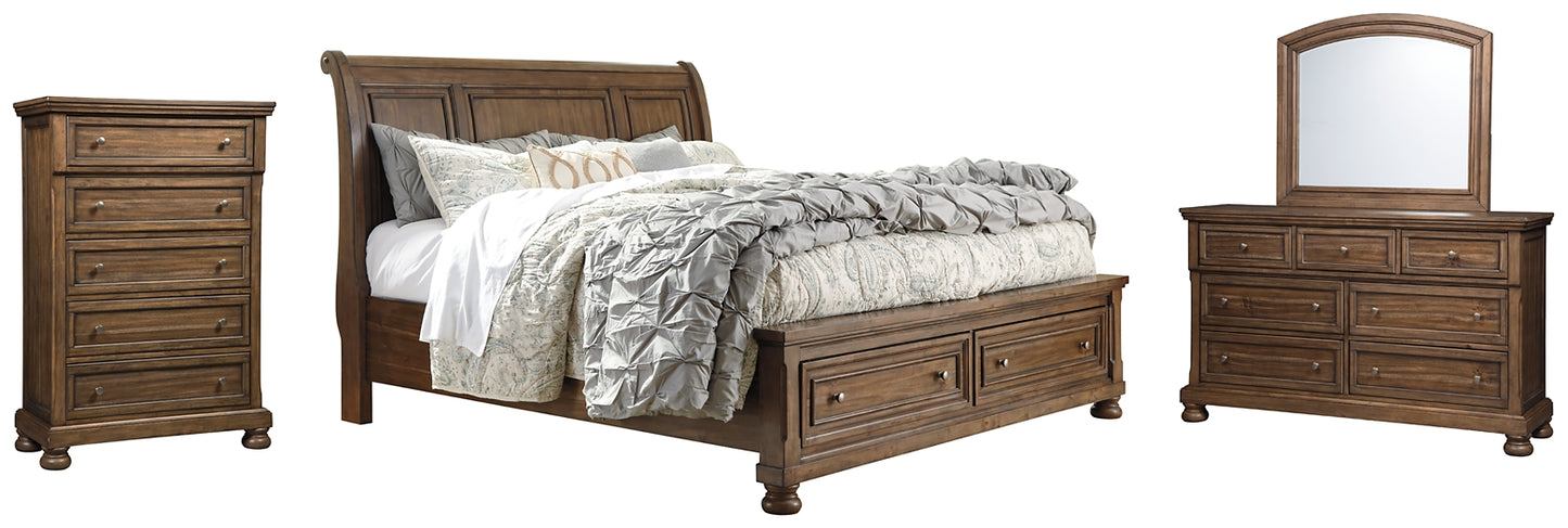 Flynnter Queen Sleigh Bed with 2 Storage Drawers with Mirrored Dresser and Chest