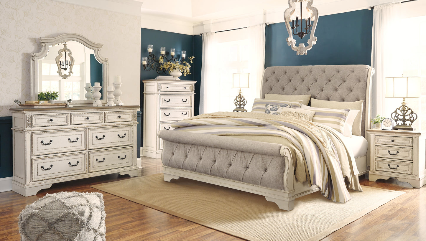 Realyn California King Sleigh Bed with Mirrored Dresser, Chest and 2 Nightstands