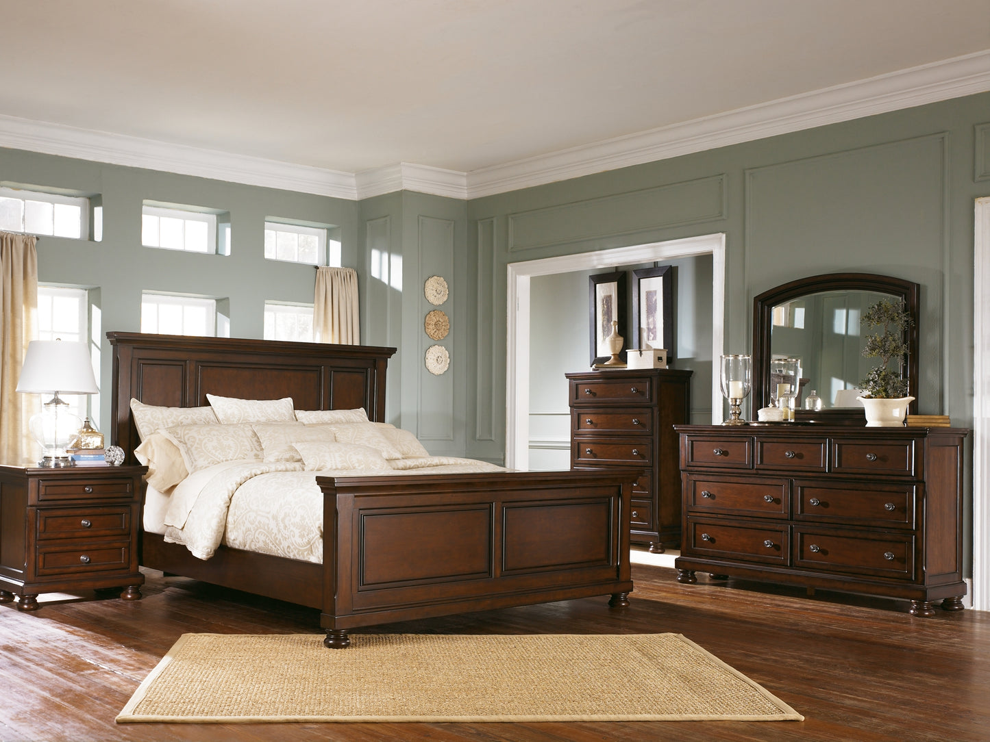 Porter Queen Panel Bed with Mirrored Dresser and 2 Nightstands