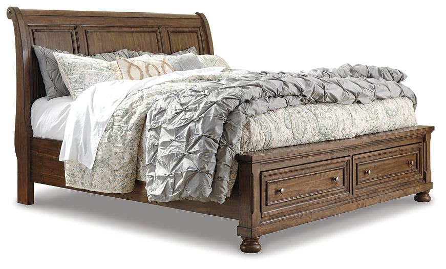 Flynnter Queen Sleigh Bed with 2 Storage Drawers with Mirrored Dresser and 2 Nightstands