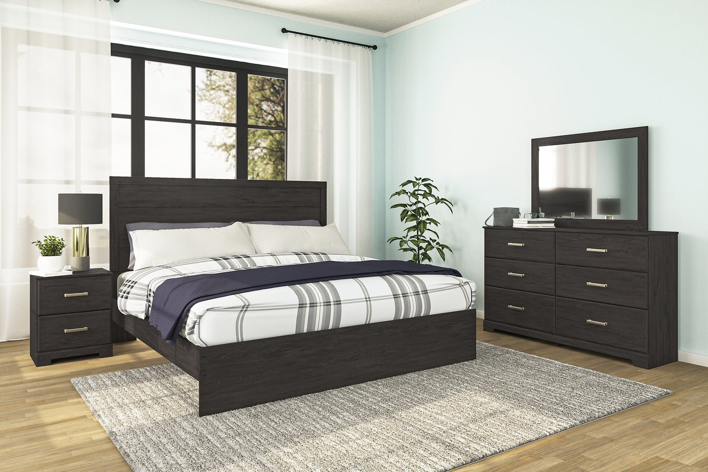 Belachime King Panel Bed with Mirrored Dresser and Nightstand